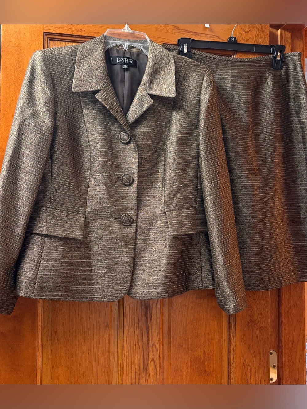 Kasper Womens Metallic Copper Brown Blazer and Skirt Suit Set Sz 14P